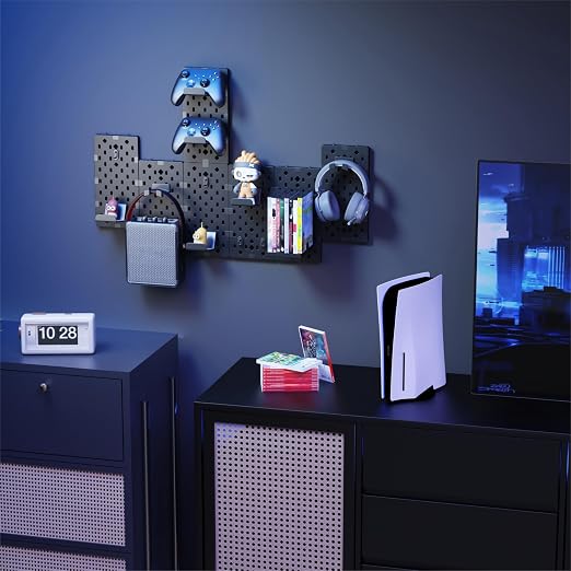 PEGZONE Controller and Headphone Holder Wall Mount, 7pcs, Black | Modular Gaming Pegboard with Accessories, Controller Stand, Disc Shelf Organizer - Image 8