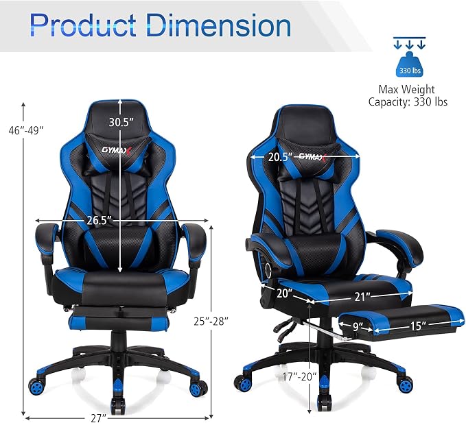 GYMAX Gaming Chair, Ergonomic Computer Chair with Footrest, Linkage Armrests & Lumbar Cushion, Big Wide High Back Video Gaming Chair, Reclining Office Rolling Chair for Adult/Teens (Blue) - Image 3