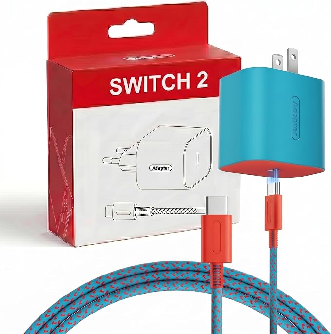 TPC 60W Charger for Nintendo Switch 2, 20V 3A AC Adapter Fast Charging with 6.6FT Braided USB-C Cord, Compatible with Switch 1, Lite, OLED, Steam Deck, Support 4K TV Mode (Cyan & Red) by TPC
