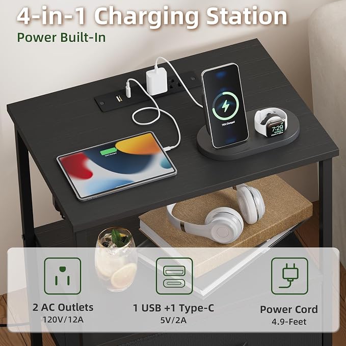 Somdot Nightstand Set of 2 with Charging Station & LED Light, Bedside Table - Image 5