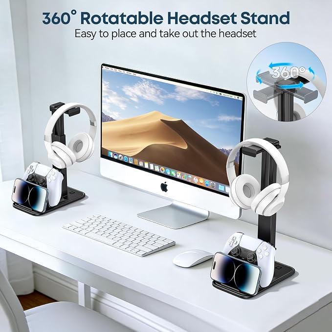 Gaming Headset & Controller Stand, Rotating Headphone Storage with Controller and Phone Holder, Standard Game Desk Storage for PS5/PS4/XBOX, PC Gamer Essentials Organizer Gift Accessories - Image 4