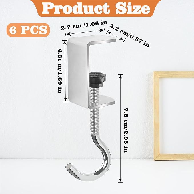 6 Pcs Adjustable Table Hooks for Hanging Bags, Heavy Duty Metal Backpack Hooks for Desk - Image 2
