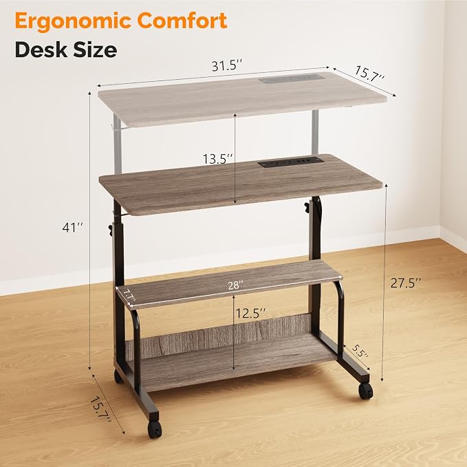 FCH 31.5" Mobile Small Standing Desk, Adjustable Height Mobile Computer Desk, w/2 AC Outlets + 3 USB Ports & Hooks, Storage Shelves, Suitable for Gaming, Studying, Home Office, Gray - Image 3