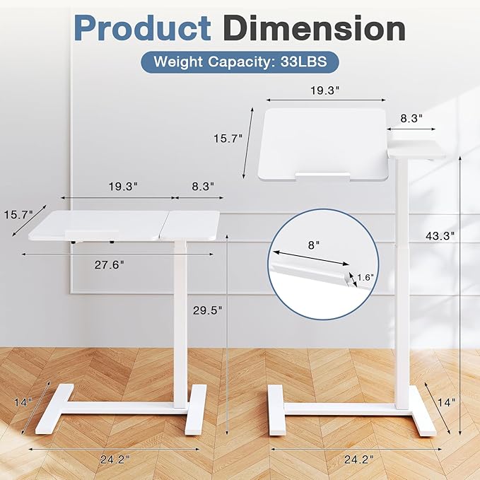 DUMOS Adjustable Bedside Overbed Table with Wheels, White - Image 5