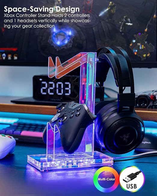 OAPRIRE RGB Controller and Headset Stand with 21 Light Modes, 2 Tier | Acrylic Game Controller Stand for Desk, Stabilized Base, Gamer Gift for PS5 PS4 Xbox Controllers, Desk Accessories, Clear - Image 3