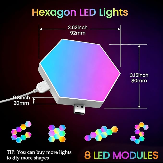 TISOFU 8 Pack Hexagon Lights LED Wall Panels, RGB Color Gaming Light Decoration with APP/Music Sync & Remote, Boys DIY Smart Modular Hexagonal Honeycomb Bedroom Glide Hex Tiles Panel - Image 9