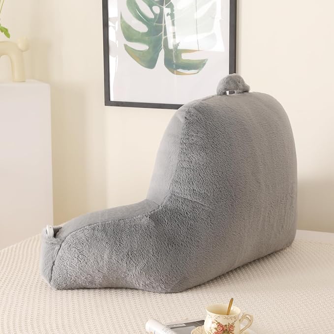 Large Plush Backrest Pillow for Sitting in Bed,Faux Fur,Gray | 19" Back Pillow with Arms Supports Adults,College Students,Elbows & Forearms for Dorm Reading,Gaming,Watching TV - Image 8