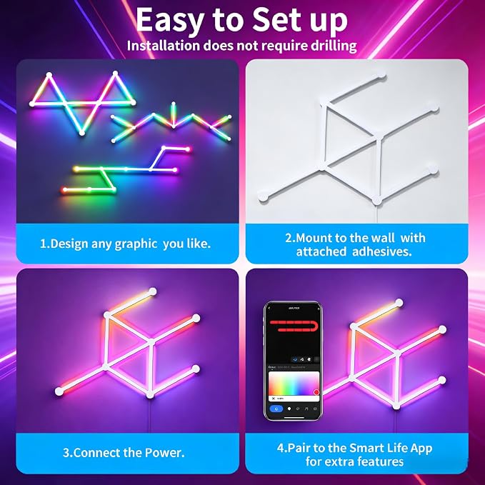 Smart WiFi Wall Light, DIY Geometry Splicing Gaming Lights Compatible with Alexa and Google Assistant, Music Sync & Voice Control, LED Wall Lights for Home Decor & Game Room, Bedroom (9 Lines, White) - Image 6