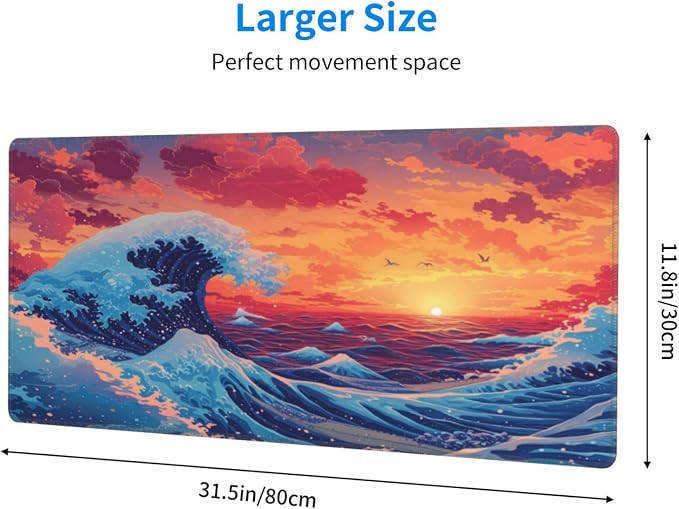 Gaming Mouse Pad Desk Pad,Extended Big Mouse Pad,31.5x11.8 Inch Long Computer Keyboard Mouse Mat Mousepad with 3mm Non-Slip Base and Stitched Edge for Gaming and Office… (Sunset Wave) - Image 2
