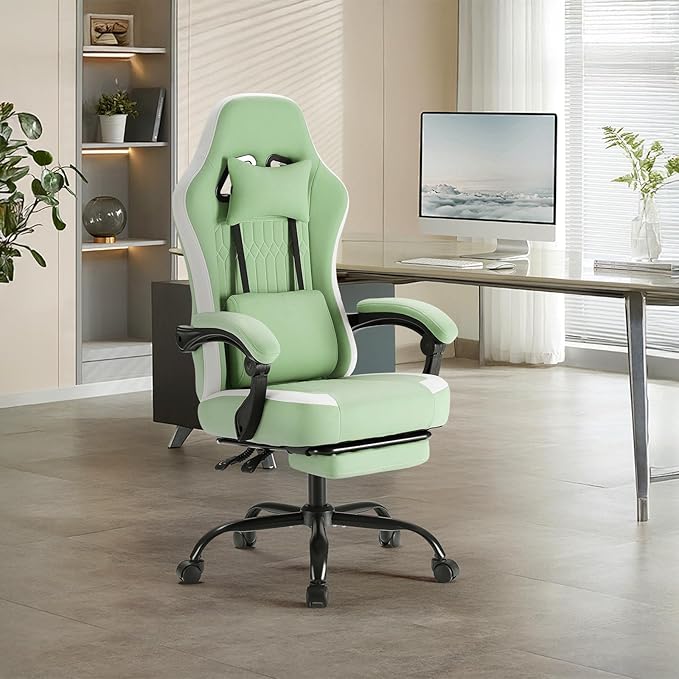 Sweetcrispy Gaming Chair, Ergonomic Computer Desk Chair, Lumbar Support | High Back Ergonomic Footrest, Height Adjustable Linkage Armrests Headrest, 360 Swivel Wheels Fabric, Green - Image 2