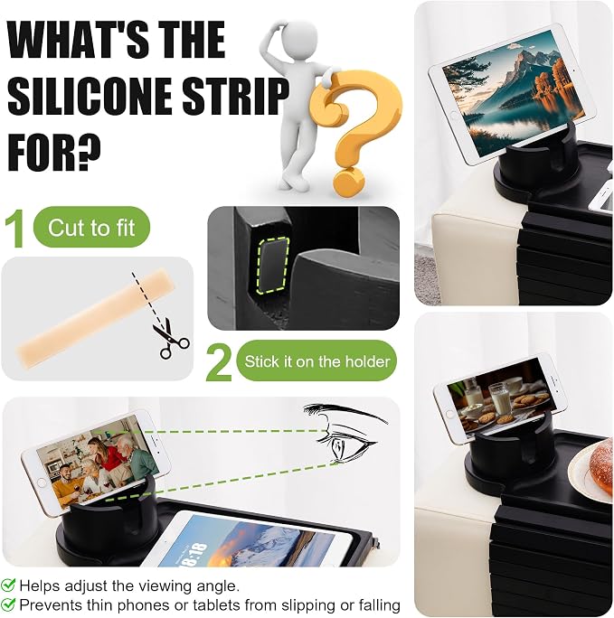 Couch Cup Holder Tray - 3 in 1 Sofa Arm Tray with 360° Rotating Cup Holder & Phone Stand,Fits Various Couches Arm Widths - Anti-Slip Foldable Couch Arm Tray for Snacks, Cellphone Remote - Image 4