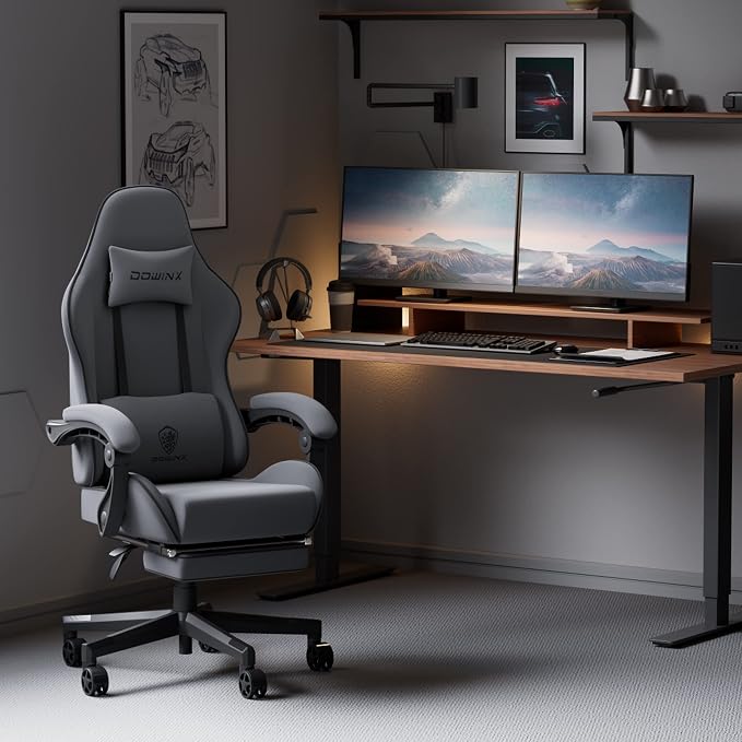 Dowinx Gaming Chair Fabric with Pocket Spring Cushion, Massage Game Chair Cloth with Headrest, Ergonomic Computer Chair with Footrest 290LBS, Grey - Image 2