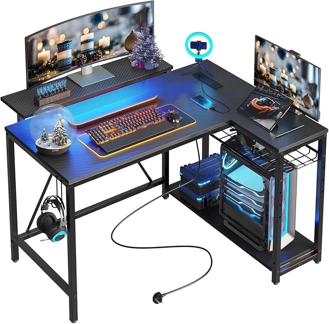 Bestier 42-Inch L-Shaped Computer Desk with Charging & LED, Black by Bestier
