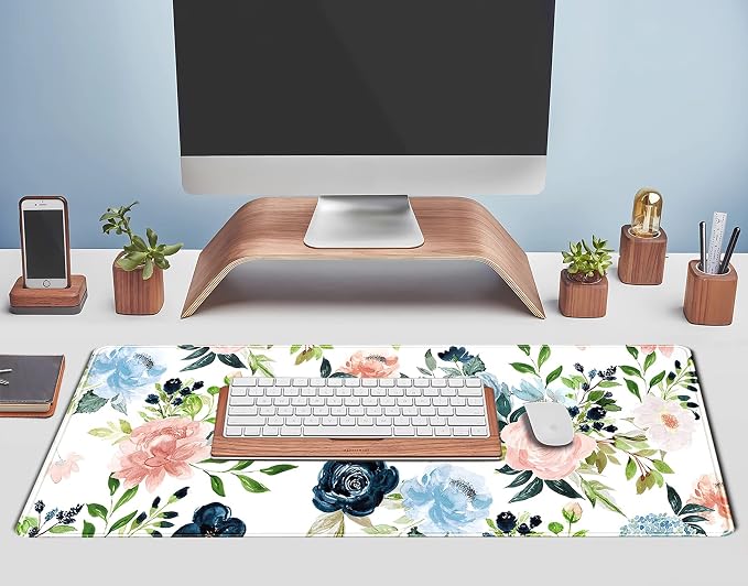 Gaming Green Desk Mat Desk Mouse Pads Purple Blue Pink Floral Mouse Pad Large, XL Big Computer Keyboard Mouse Mat Desk Pad Mat with Stitched Edge for Women Home Office Decor Deskmat 31.5x11.8 in - Image 5