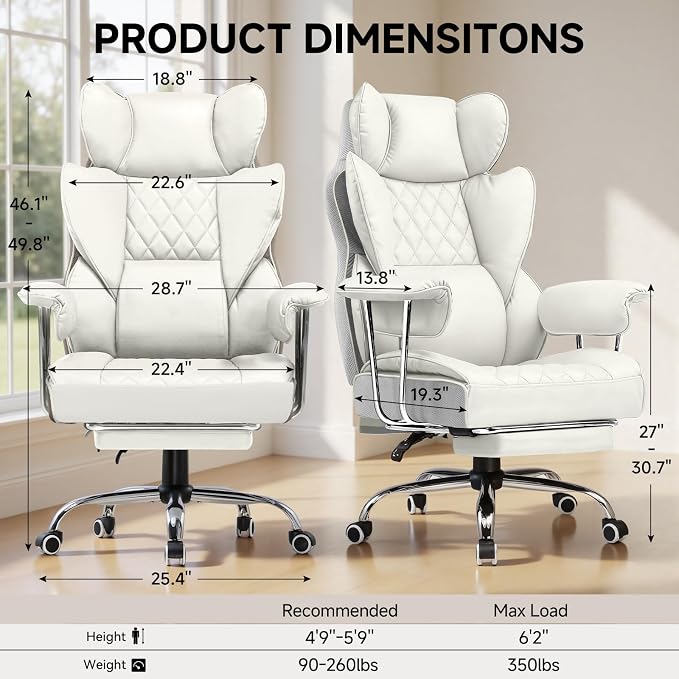 COMHOMA Big and Tall Office Chair, High Back Leather Gaming Chair with Footrest, Executive Ergonomic Office Chairs with Pocket Spring Lumbar Support and with Outward Fixed Soft Armrests - Image 3