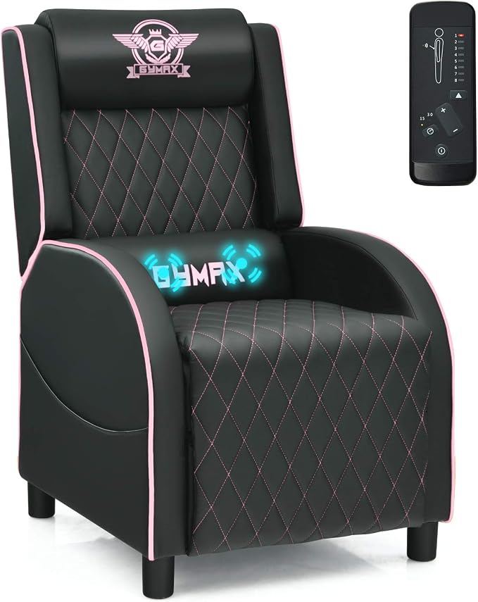 GYMAX Massage Gaming Recliner Chair, Ergonomic Racing Style Single Sofa with Adjustable Headrest, Backrest & Footrest, Home Theater Sofa for Living Room Office (Pink) by GYMAX