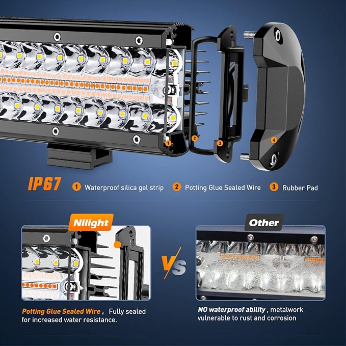 Nilight 12inch Amber White Strobe 6 Modes 300W LED Light Bar - Image 8