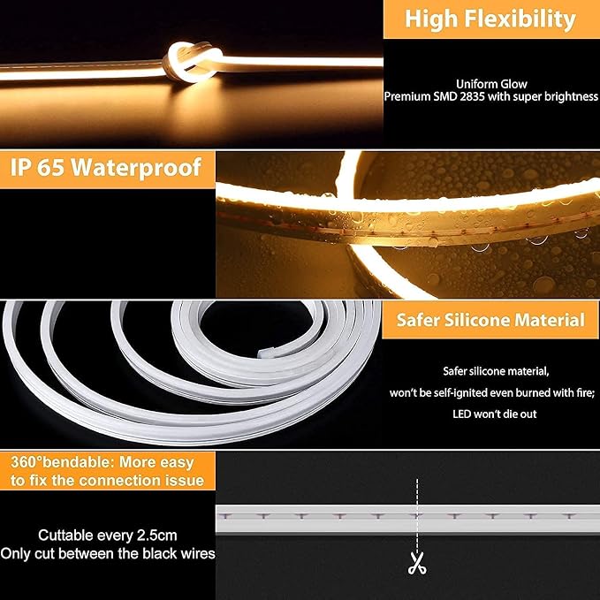 Lamomo LED Neon Lights, 12V Warm White Dimmable LED Strip Lights, 16.4ft/5m Waterproof LED Neon Rope Lights, Silicone 3000K Neon LED Strip for Bedroom Indoor Home Decor (Power Adapter Included) - Image 4