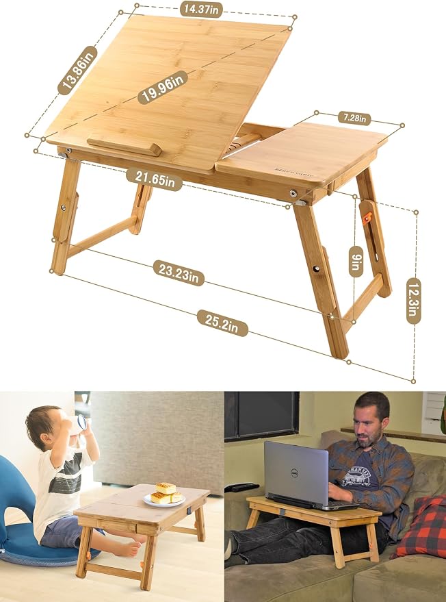 Nnewvante Bamboo Laptop Desk for Bed with Tilting Top, Drawer 21.6 x 13.8In - Image 3