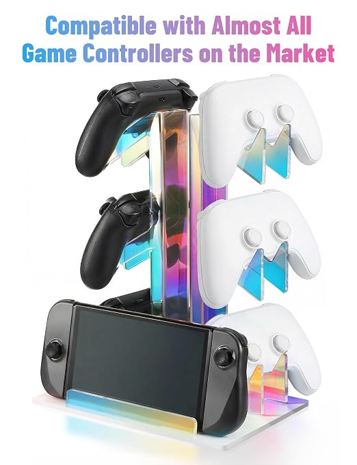 NiHome Iridescent Acrylic 3-Tier Game Controller Holder Headset Stand for PS5 Xbox ONE, Universal Game Controller Organizer Stand Anti-Slip Stable Gaming Accessories Stand (White Base) - Image 5
