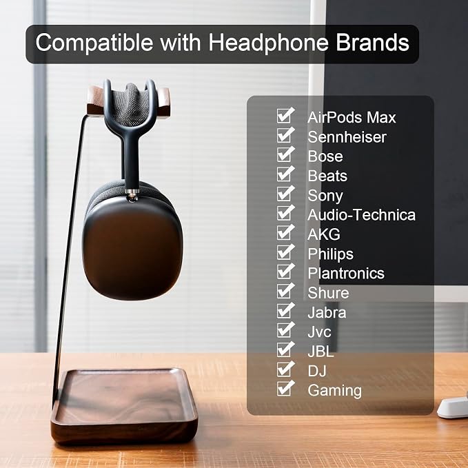 GEVO Headphone Stand, Walnut Wood Headset Stand with Controller Holder, Headphones Holder for Gaming, Office and Desk Compatible with AirPods Max, Bose, Sennheiser, Corsair - Image 5