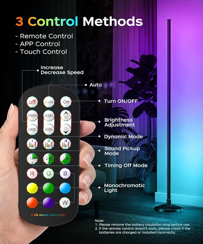 Corner Floor Lamp, Smart RGB LED Corner Lamp with Music Sync and 16M+ DIY Colors, Remote & App Control, Color Changing Ambient Lighting, Floor Lamps for Living Room, Bedroom and Party, 2 Pack - Image 8