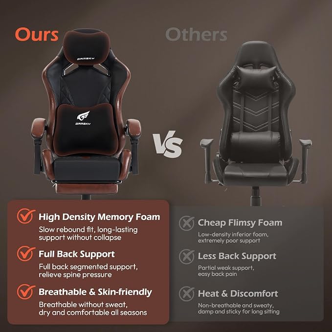 Ergonomic Gaming Chair for Adults with Footrest - PU Leather Computer Gamer Chair with Memory Foam Headrest & Lumbar Pillow, Reclining Silla Gamer Video Game Chair for Home Office, Black & Brown - Image 5