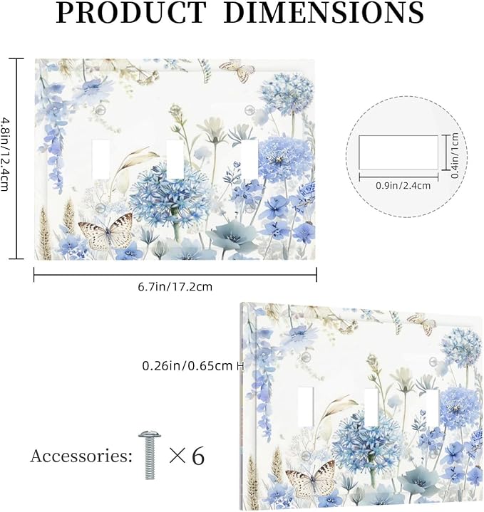 Decorative Light Switch Cover Plate Blue Floral Hydrangea Watercolor Wildflower 3 Gang Wall Plate Triple Toggle Switch Plate Covers 3 Hole Electrical Switchplate Dimmer Faceplate for Bathroom - Image 5
