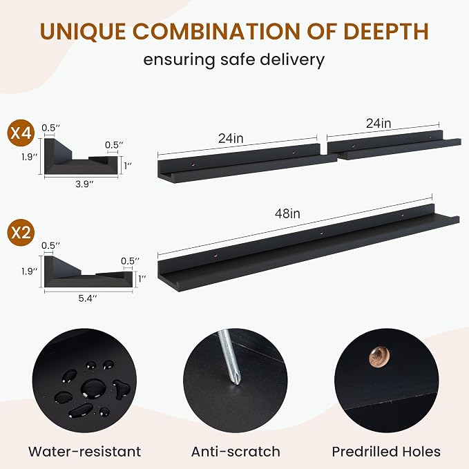 Picture Ledge Shelf, Floating Shelves for Wall Decor, Black, Set of 6, 48'' - Image 3