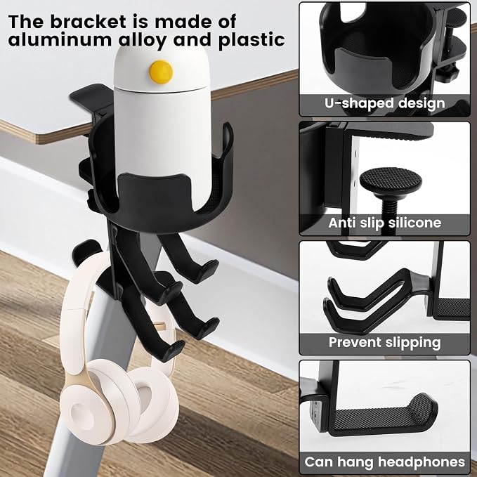4 in 1 Desk Cup Holder with Headphone Hanger and Controller Stand Gaming Accessories, Under Desk Clamp Rotatable Headset Holder,Adjustable&Rotating Upgraded Arm Clamp,Desk Controller Holder (Black) - Image 4