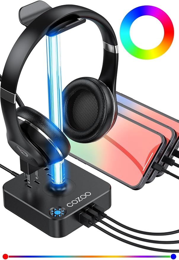 cozoo Headphone Stand with Charger, USB C, Gifts for Gamers Men, Black Pro | Gaming Headset Stand Holder for Desk, 3 USB(1 USB C) and 2 AC Outlets Charging Ports, Headphone Hanger, Gamer Gifts for Men - Image 9