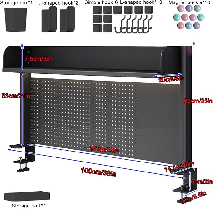 Clamp on Desk Shelf, Desk Shelf, Gaming Desk Accessories, Steel Pegboard for Desk, Adjustable Desk Extender Side Table, Modern Desktop Display Shelf(100x20x63cm/39x8x25in) - Image 2