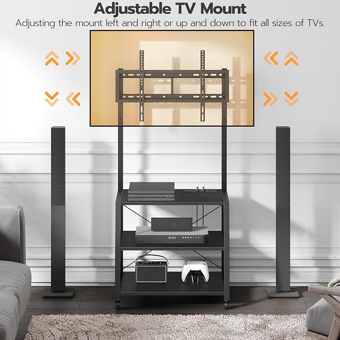 HOOBRO Rolling TV Stand with Mount and Power Outlet Up to 55 inch TVs, Corner Entertainment Center, Small TV Stand with 3-Tier Storage Shelves for Living Room, Bedroom, Black BB66UDS01 - Image 4