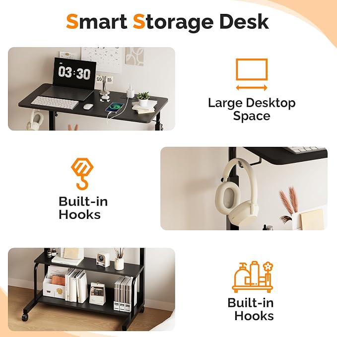 FCH 31.5" Mobile Small Standing Desk, Adjustable Height Mobile Computer Desk, w/2 AC Outlets + 3 USB Ports & Hooks, Storage Shelves, Suitable for Gaming, Studying, Home Office, Black - Image 5