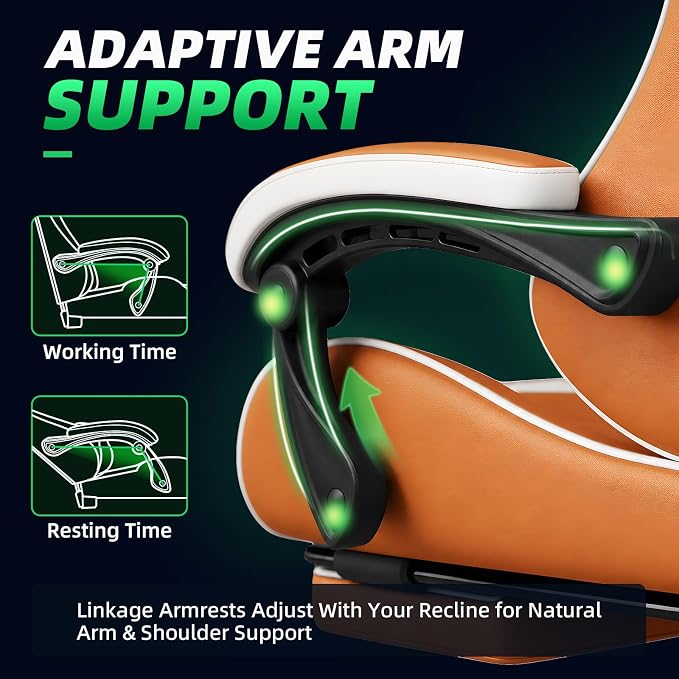 Gaming Chair Ergonomic Gamer Computer Office Chair,Footrest Lumbar Support | Reclining High Back, 400lbs Load, Pocket Spring Cushion, Adjustable Height, Linkage Armrests, 360° Swivel, Orange PU Leather - Image 6