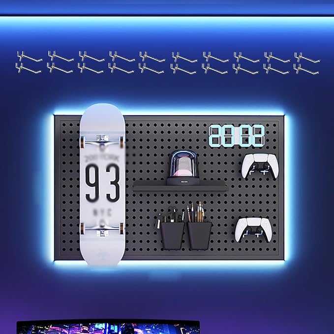 Desk Pegboard Metal Gaming Pegboard Black Peg Board Organizer with 20 Pcs Hooks for Office, Garage Tools, Kitchen, Craft(60x40cm/24x16in) by XRRJFYH