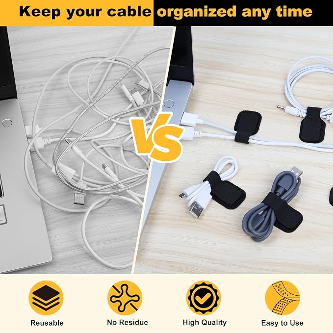 SummerBrite 40-Pack Self Adhesive Cable Straps, Heavy Duty Hook & Loop Ties with Strong Sticky Backing, Reusable Under Desk Cable Management Wire Organizers for Home Office PC, Black - Image 3