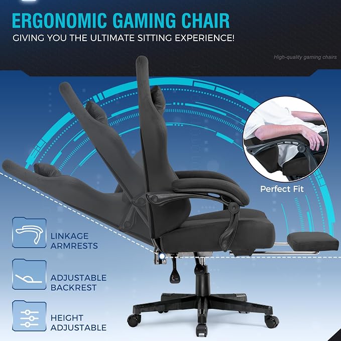 GTPLAYER Gaming Chair Fabric with Pocket Spring Cushion, Big and Tall Gamings Chairs 350LBS High Back Computer Chair with Footrest for Adults Lumbar Support Swivel Game Chair for Office Light Black - Image 4