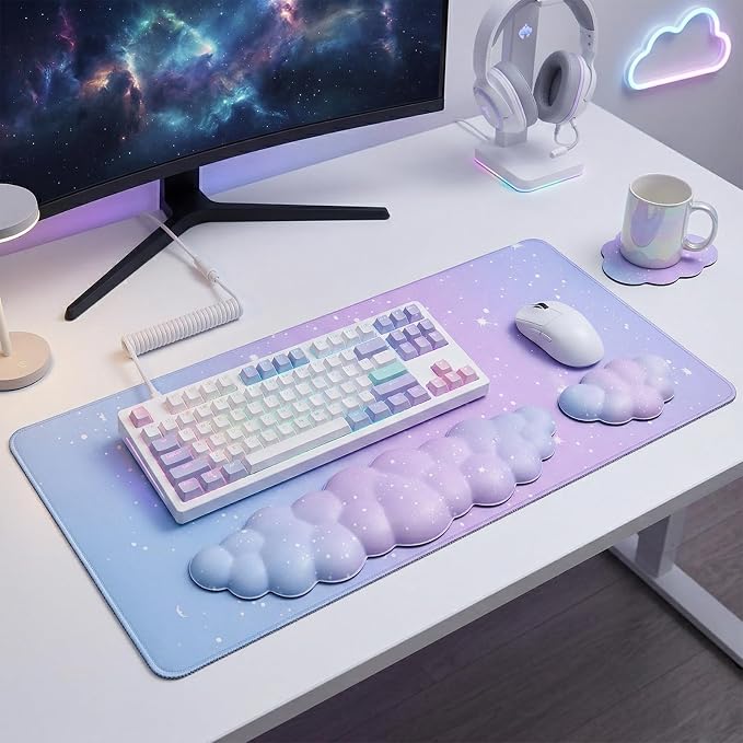 Cloud Mouse Pad Keyboard Wrist Rest 4PCS Extended Large Galaxy Stars Desk Mat Pad Set Memory Foam Non-Slip Cute Ergonomic Gaming Mouse Pad Wrist Support for Computer Home Office Purple Blue - Image 7