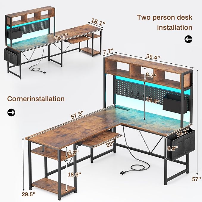 SEDETA L Shaped Gaming Desk with Hutch, 57.5” Reversible Corner Computer Desk with Storage Shelves, Gaming Desk with Pegboard, LED Lights, Power Outlet, Keyboard Tray (Rustic Brown) - Image 3