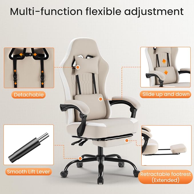 DUMOS Ergonomic Gaming Chair with Footrest, Video Game Chairs | Comfy Lumbar Support, Linkage Armrests, Tech Fabric, Pocket Spring Cushion, Office, Adults Students, Light Brown - Image 7