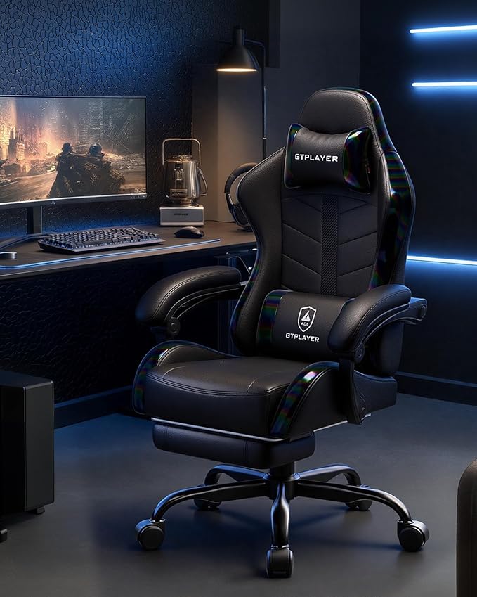 GTPLAYER Gaming Chair, Computer Game Chair for Adults, Iridescent Black | Ergonomic Comfort Video Game Chair with Footrest 90-155°Recline, Head Lumbar Support & Height Adjustable for Office Gaming - Image 2