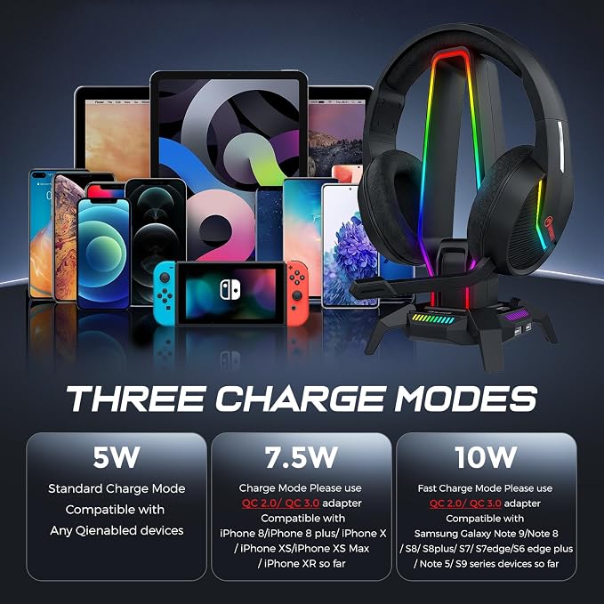 MARVO RGB Headphone Stand Data Transmission, 9 Lights Mode Headset Holder with 1 USB-C & 3 USB Ports & 1 3.5mm Jack Port, Ultimate Gaming Accessories for Gamers for PS, Xbox, PC - Image 4