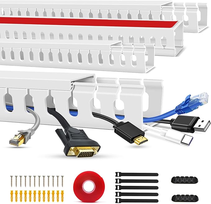 Cable Duct Management Raceway Kit, 62.8" (4 x 15.7) Server Rack Cable Management, Cable Management for Hide Network HDMI VGA Cable, Open Slot Cable Track Desk Wire Channel, Cable Raceway White 4 Pack by Aocii