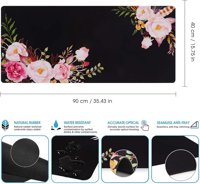iCasso Extended Gaming Mouse Pad,35.4 x 15.7in Desk Pad,Flower | Non-Slip Rubber Base Mousepad with Stitched Edges,Waterproof Keyboard Mouse Mat Desk Pad for Work Home - Image 4
