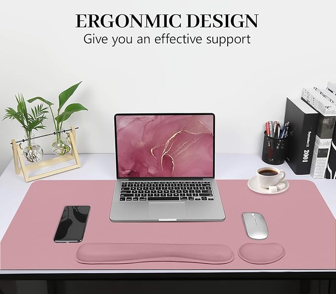 Mouse Pad and Keyboard Wrist Rest, 3-in-1 Keyboard and Mouse Pad | 35.4" x 16.9" Dusty Pink Desk Mat Set,Ergonomic Wrist Rest for Computer Keyboard, Non-slip Base, Waterproof Computer Mat - Image 3