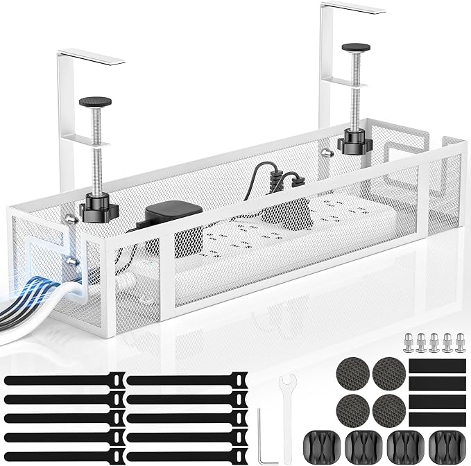 Under Desk Cable Management Tray, 15.75" No Drill Cable Management White, by GZOKMOG