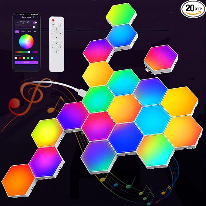 NIUCOO 20 Pack Hexagon LED Light Wall Panels – RGB Smart Gaming Light with App, Remote and Music Sync, Modular Gaming Wall Decor for Bedroom, Game and Living Room by Good