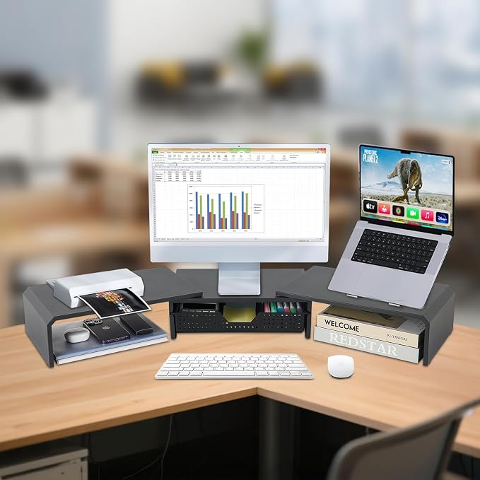 LEKETREE Dual Monitor Stand Riser with Drawer, Computer Stand for Desk, Workspace Desktop Stand, Desk Organizer for Computer, Laptop, TV and More (Black) - Image 2