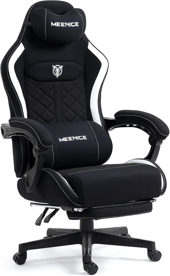 Big and Tall Gaming Chair Fabric with Footrest, Massage Lumbar for Adults | Ergonomic High Back Gamer Chair with Pocket Spring Cusion, Wide Video Game Chair Comfy for Big Guys 400LBS Home Office Black by MEENICE